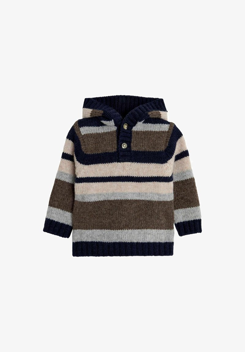 Raidallinen huppari ruskeana, tummansinisenä, harmaana ja vaaleanpunaisena. Ominaisuuksiin kuuluu ribattu kaula-aukko, kolmen napin suljenta ja pitkät hihat. Pehmeä neulepinta.