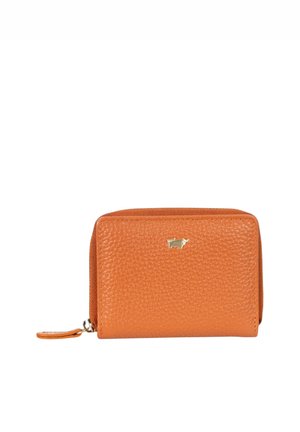 Portafoglio compatto in pelle arancione strutturata con chiusura a cerniera e piccolo logo dorato a forma di animale al centro davanti.