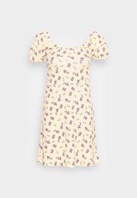 Robe mini florale en jaune clair, avec des manches bouffantes, un décolleté carré et un tissu texturé orné de petites fleurs violettes.