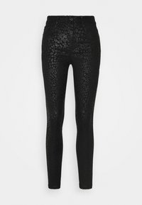 Black skinny jeans with a textured animal print pattern, featuring a high waist, belt loops, and a classic button and zipper closure.