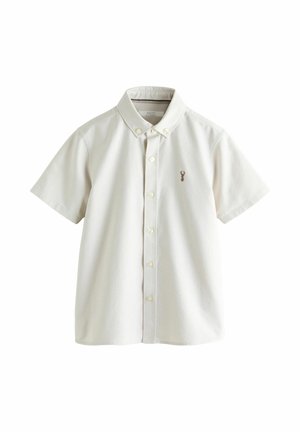 Short-sleeve, off-white button-up shirt with a button-down collar and small embroidered deer logo on left chest.