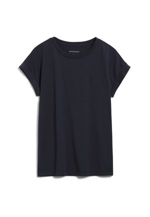 Navyblauwe katoenen T-shirt met een ronde halslijn, korte opgerolde mouwen en een klein, subtiel logo op de borst. Zachte textuur, losse pasvorm.