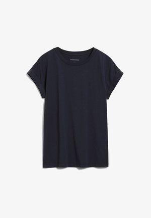 Navyblauwe katoenen T-shirt met een ronde halslijn, korte opgerolde mouwen en een klein, subtiel logo op de borst. Zachte textuur, losse pasvorm.