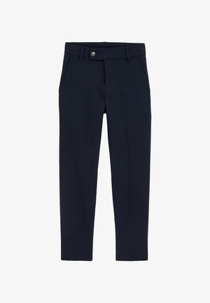 Pantaloni tapered blu navy in un tessuto testurizzato, dotati di chiusura con bottone e due tasche frontali. Vita liscia con passanti per cintura.