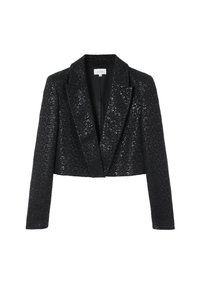 Schwarzer cropped Blazer mit einer strukturierten, glitzernden Oberfläche, ausgestattet mit einem Reverskragen und langen Ärmeln. Offene Vorderseite mit einem schmal geschnittenen Design.