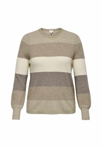 Knit sweater featuring horizontal stripes in beige, light brown, and cream; round neckline and long sleeves with a textured finish.