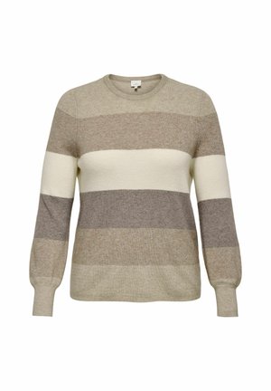 Knit sweater featuring horizontal stripes in beige, light brown, and cream; round neckline and long sleeves with a textured finish.