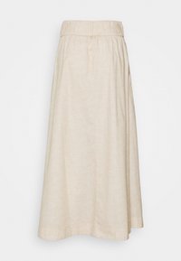 Jupe midi beige avec une taille élastique, présentant un motif abstrait subtil, une texture lisse et un design fluide en A.