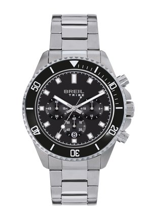 Breil Tribe sølvfarvet metal kronograf ur med sort urskive, hvide markører, tre underskiver, datovindue klokken 6 og roterende krans.