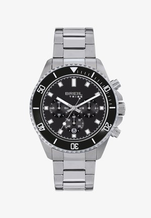 Breil Tribe sølvfarvet metal kronograf ur med sort urskive, hvide markører, tre underskiver, datovindue klokken 6 og roterende krans.