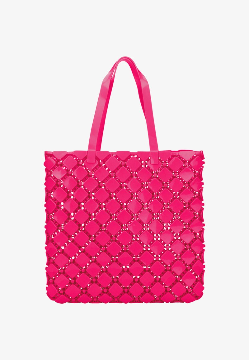 Pink plastic tote bag featuring a woven design with diamond shapes and cutouts, equipped with long, flat handles.