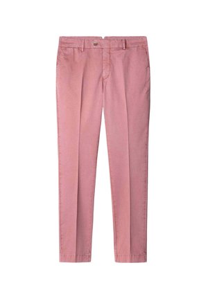Pantalones de algodón rosa con corte recto, que cuentan con bolsillos frontales, cierre de botón y un sutil detalle de costura a lo largo de las costuras.