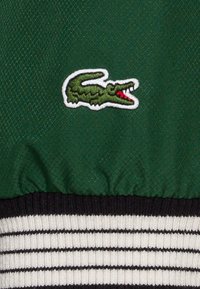 Zelený texturovaný oděv s bílým a černým proužkovaným žebrovaným lemem a výrazným vyšitým logem krokodýla v zelené a červené barvě.