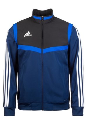 Men's Adidas zip-up sports jacket in navy blue, black, and bright blue with white Adidas logo and three white stripes on sleeves.