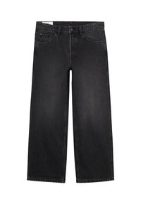 Svarta vida jeans i denim. Har knap- och dragkedjeslutning, fem fickor, med en slät textur och subtila blekningar.