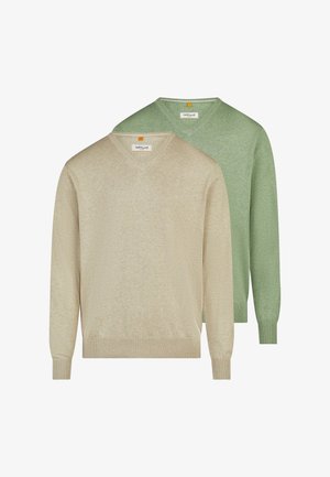 Dwa swetry z długim rękawem i dekoltem w serek, jeden beżowy z przodu, a drugi jasnozielony z tyłu, pokazane na białym tle.