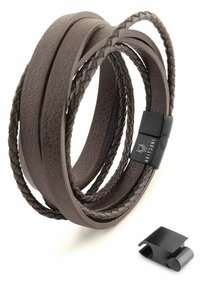 Brown leather wrap bracelet with braided and smooth sections. Features a black metal clasp for secure closure.