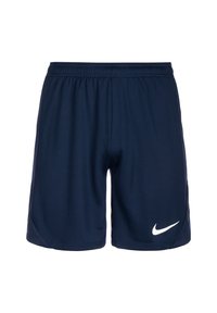 Marine sportshorts van ademend materiaal, met een elastische tailleband en een wit Nike-logo aan de linkerbenedenkant.