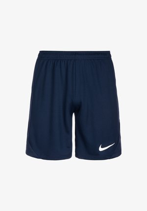Marine sportshorts van ademend materiaal, met een elastische tailleband en een wit Nike-logo aan de linkerbenedenkant.