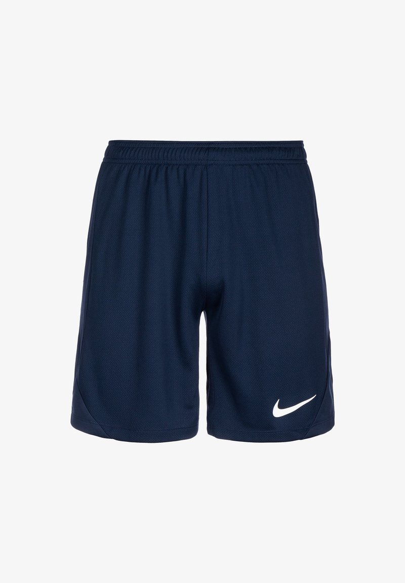 Marinefarbene Sportshorts aus atmungsaktivem Material, mit einem elastischen Bund und einem weißen Nike-Logo auf der unteren linken Seite.