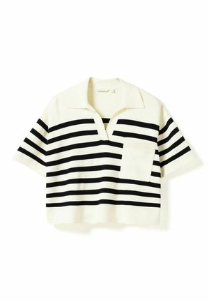 Fehér, rövid ujjú galléros póló fekete vízszintes csíkokkal és elülső mellzsebbel.