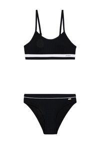 Zwart geribbelde bikini-set met dunne banden, een witte accentband en een bijpassende onderkant met zijdetails. Gemaakt van rekbaar zwemmateriaal.