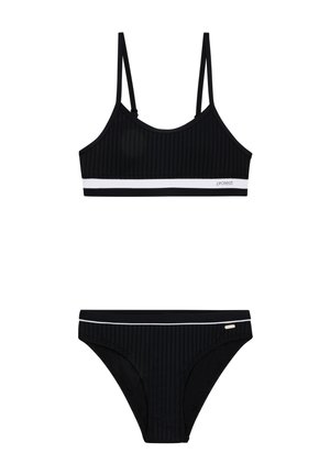 Ensemble de bikini noir à côtes, présentant des fines bretelles, une bande d'accent blanche et un bas assorti avec des détails sur les côtés. Fabriqué en matière de baignade extensible.