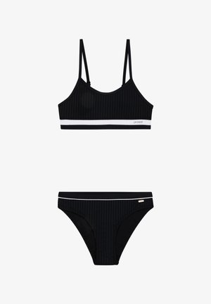 Zwart geribbelde bikini-set met dunne banden, een witte accentband en een bijpassende onderkant met zijdetails. Gemaakt van rekbaar zwemmateriaal.