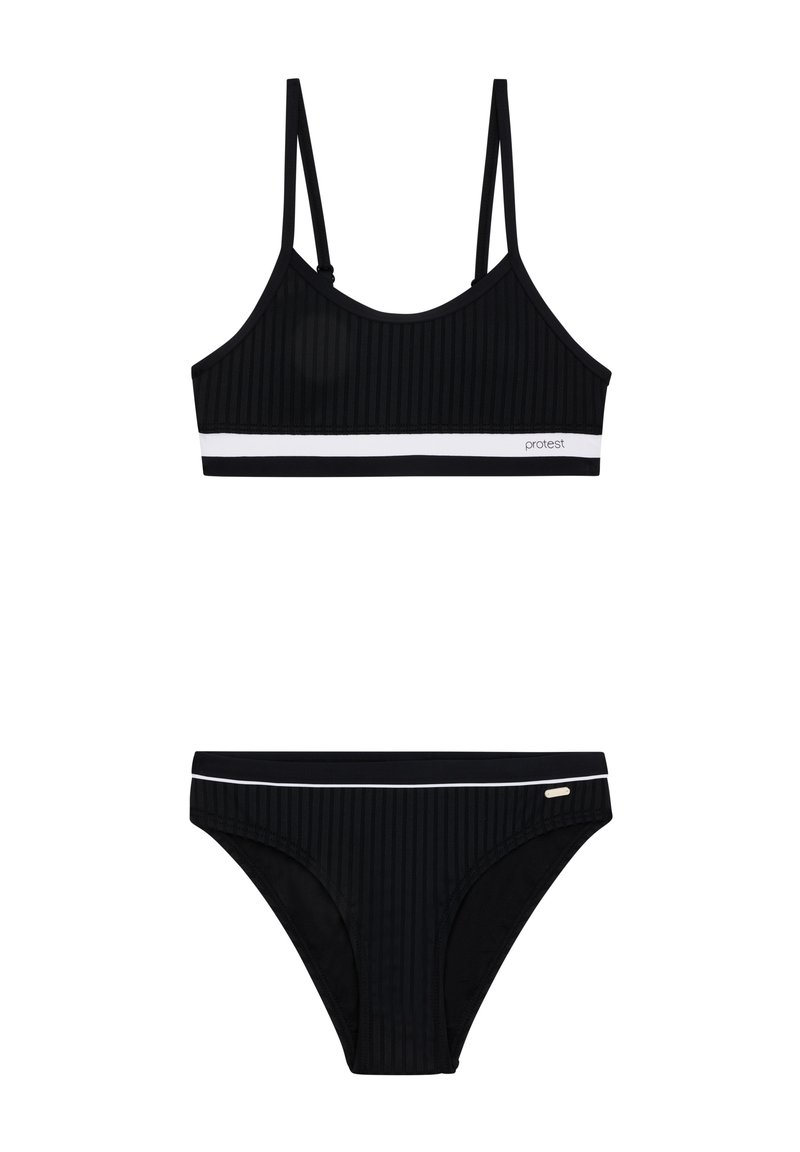 Zwart geribbelde bikini-set met dunne banden, een witte accentband en een bijpassende onderkant met zijdetails. Gemaakt van rekbaar zwemmateriaal.
