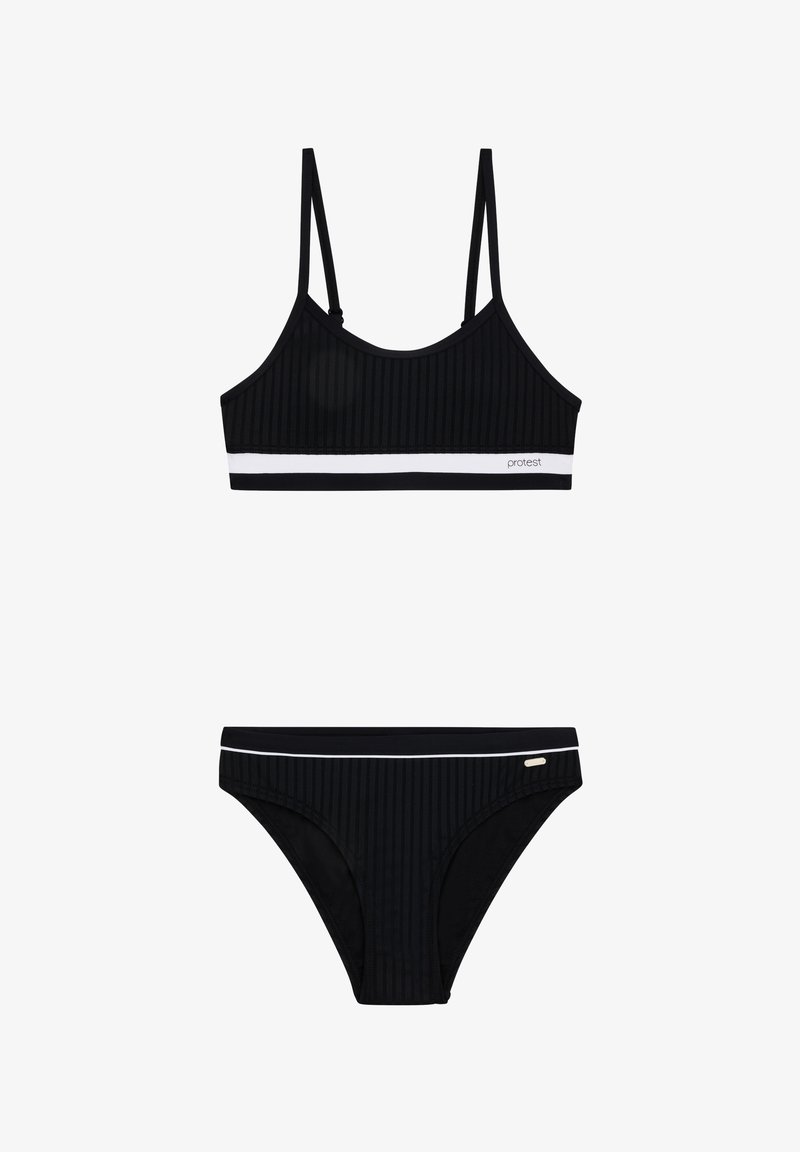 Zwart geribbelde bikini-set met dunne banden, een witte accentband en een bijpassende onderkant met zijdetails. Gemaakt van rekbaar zwemmateriaal.