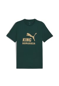 Mørkegrøn bomulds t-shirt med en gylden "KING BORUSSIA" print og et gyldent Puma-logo; korte ærmer, rund halsudskæring, standard pasform.