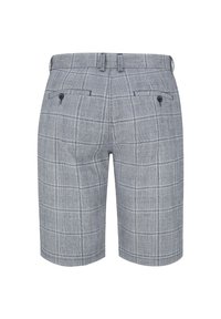 Szare szorty w kratę z płaskim przodem, wieloma kieszeniami i dwiema kieszeniami z tyłu zapinanymi na guziki. Wykonane z lekkiego materiału.