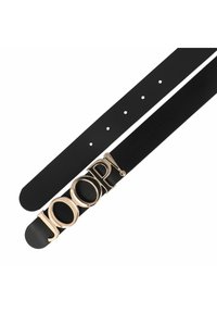 Cinturón de cuero negro con una gran hebilla de metal en tono dorado con la palabra "JOOP!" grabada. Múltiples agujeros para ajuste de tamaño.