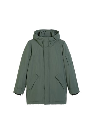 Grüne isolierte Winterparka mit Kapuze, Frontreißverschluss mit Sturmklappe verdeckt, schräge Klappen Taschen und Ärmeltasche.