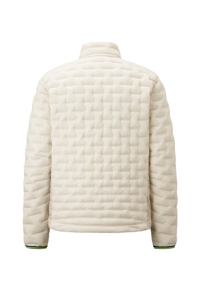 Padded jacket in off-white, with a quilted texture. High collar and long sleeves feature green accents at the cuffs. Back view displayed.