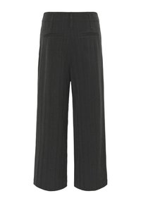 Szürke csíkos, széles szárú nadrág magas derékkal, két hátsó zsebbel és sima felülettel. Kiváló szabású és rövidített hosszúságú.