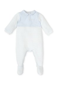 Monosie de bebé en azul claro con patrón a rayas. Cuenta con mangas largas, un cuello y botones. Tejido suave con diseño de pies para mayor calidez.