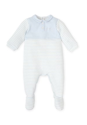 Monosie de bebé en azul claro con patrón a rayas. Cuenta con mangas largas, un cuello y botones. Tejido suave con diseño de pies para mayor calidez.