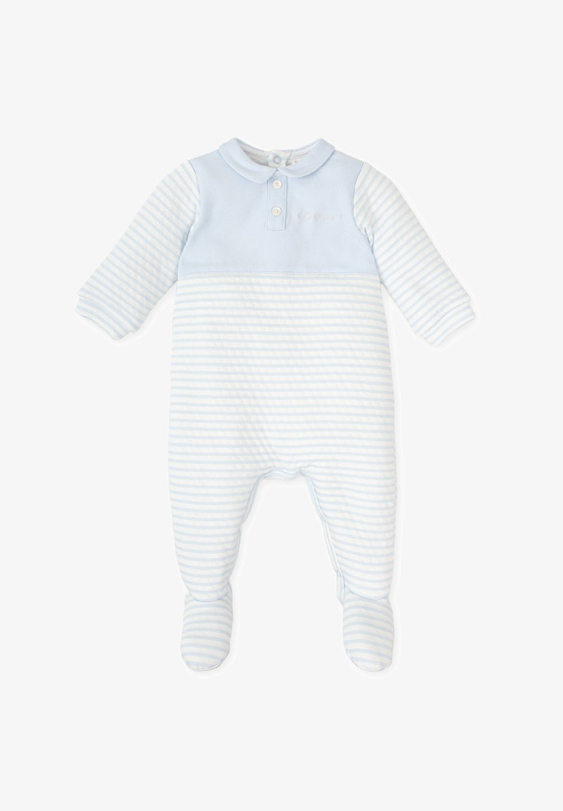 Un body pour bébé bleu clair avec un motif rayé. Il dispose de manches longues, d'un col et de boutons. Tissu doux avec un design pieds pour plus de chaleur.