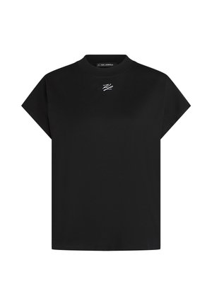 T-shirt nera a maniche corte in cotone, con scollatura rotonda e logo ricamato bianco sul petto. Texture liscia.