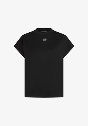 Schwarzes Kurzarm-T-Shirt aus Baumwolle mit rundem Ausschnitt und einem weißen gestickten Logo auf der Brust. Glatte Textur.