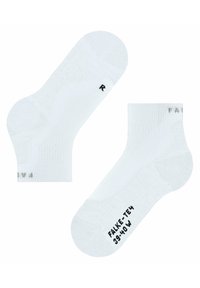 Calcetines de algodón blanco con textura acanalada, marcados con 'R' para el pie derecho y con la impresión 'FALKE-TE 39-40 W' en la planta; de longitud hasta el tobillo.