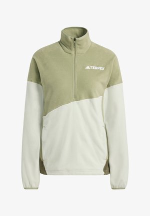 Fleece pullover met hoge kraag; twee-kleurig ontwerp in lichtgroen en olijfgroen; heeft een ritssluiting aan de voorkant en een wit "TERREX" logo.