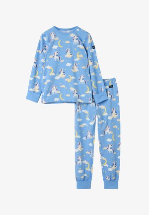 Blauwe pyjama met een eenhoorn- en maanpatroon. Het shirt met lange mouwen en de broek hebben elastische boorden en zijn gemaakt van een zachte, lichte stof.