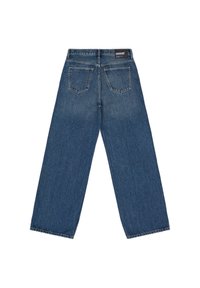 Denim jeans featuring a wide-leg design, medium blue color, five-pocket style, and stitched hems. Label at the back waistline.