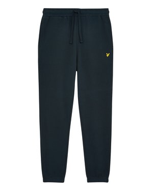 Pantaloni de trening de culoare bleumarin închis, confecționați dintr-un material moale, cu un sistem de ajustare prin șnur la talie, picioare înguste și un mic logo galben pe coapsa stângă.