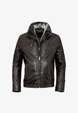 Bruine leren jas met een zachte grijze kraag, twee borstzakken met rits, en een gladde afwerking met doorgestikte details.