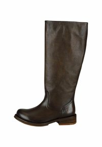 Bota de cuero marrón hasta la rodilla con un acabado texturizado, puntera redondeada y un tacón bajo apilado. Diseño simple sin hardware visible.
