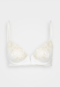 Soutien-gorge en satin blanc avec des détails en dentelle sur les bonnets, des bretelles ajustables et une forme triangulaire. Présente une texture lisse et des coutures minimales.