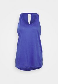 Top deportivo sin mangas de color púrpura con un corte en forma de ojal en la parte posterior, textura suave y dobladillo curvado. Tela sin arrugas, diseño casual.